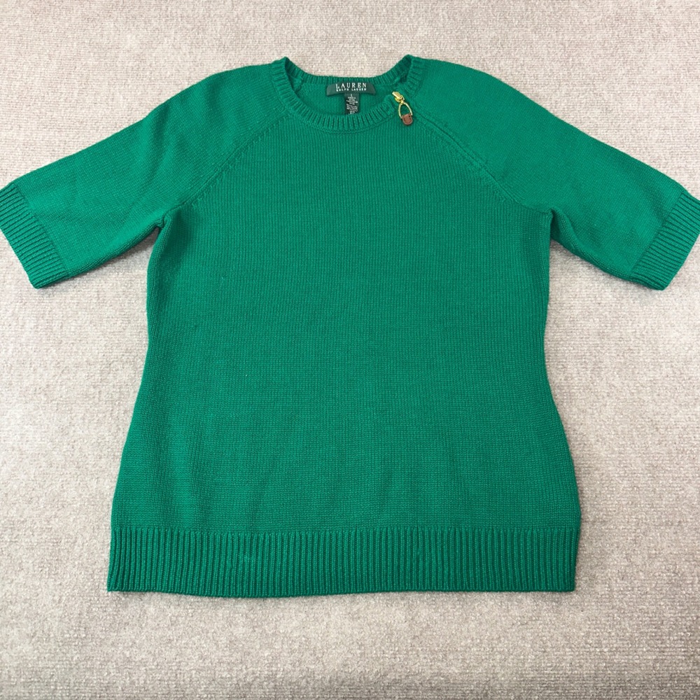 Lauren Ralph Lauren Green Short Sleeve Sweater Shoulder Zip Stirrup Pull L